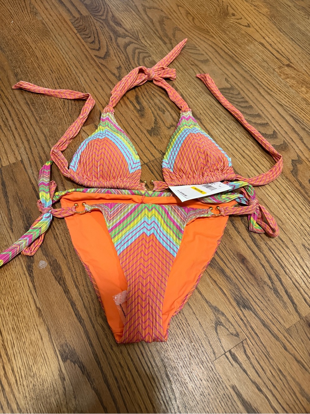 BECCA Neon Orange Chevron bikini top and bottom size M NWT
